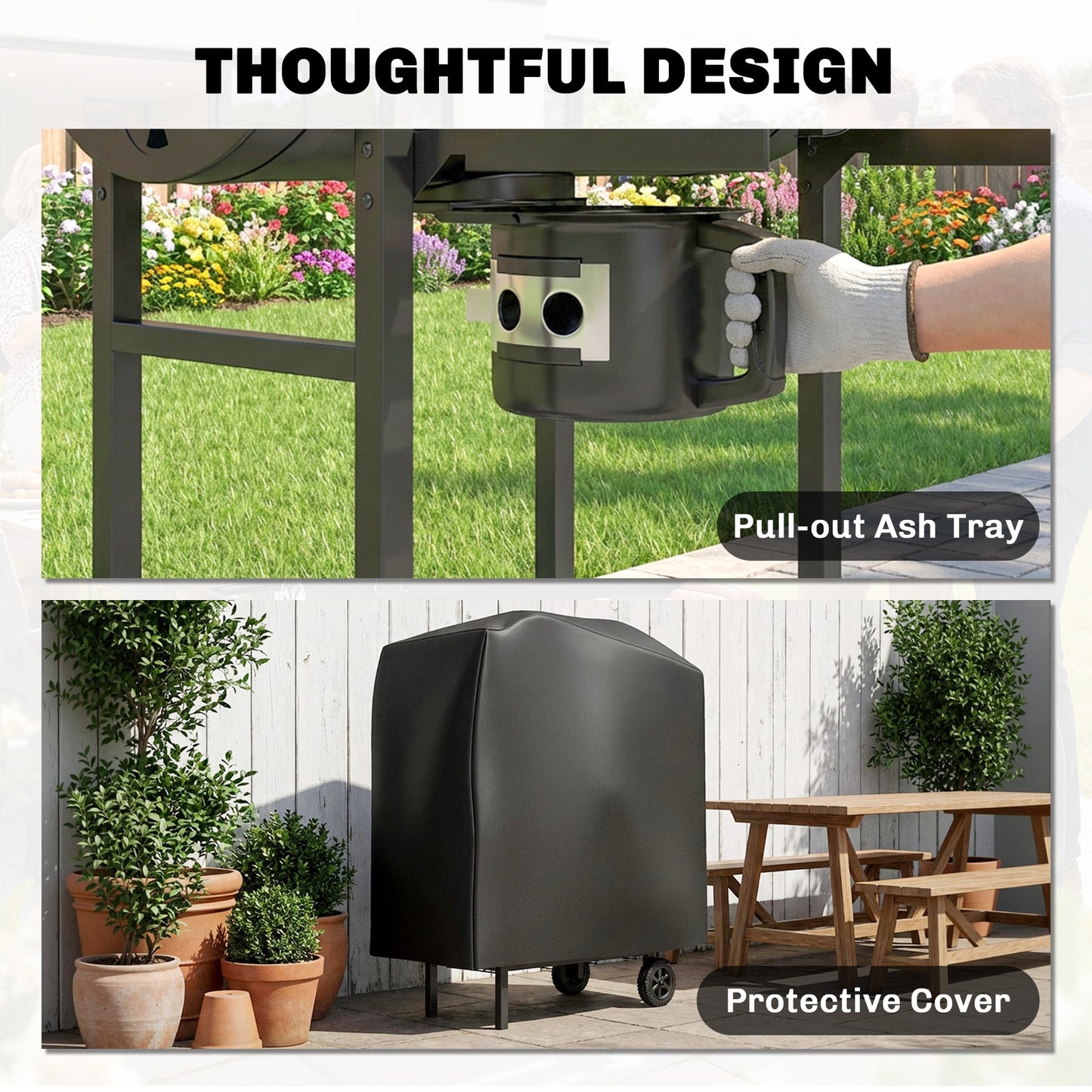 Charcoal Grill, Barrel BBQ Smoker with Warming Rack, Charcoal BBQ Grill with Foldable Shelves, Natural Wood and Black