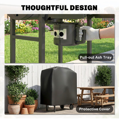 Charcoal Grill, Barrel BBQ Smoker with Warming Rack, Charcoal BBQ Grill with Foldable Shelves, Natural Wood and Black
