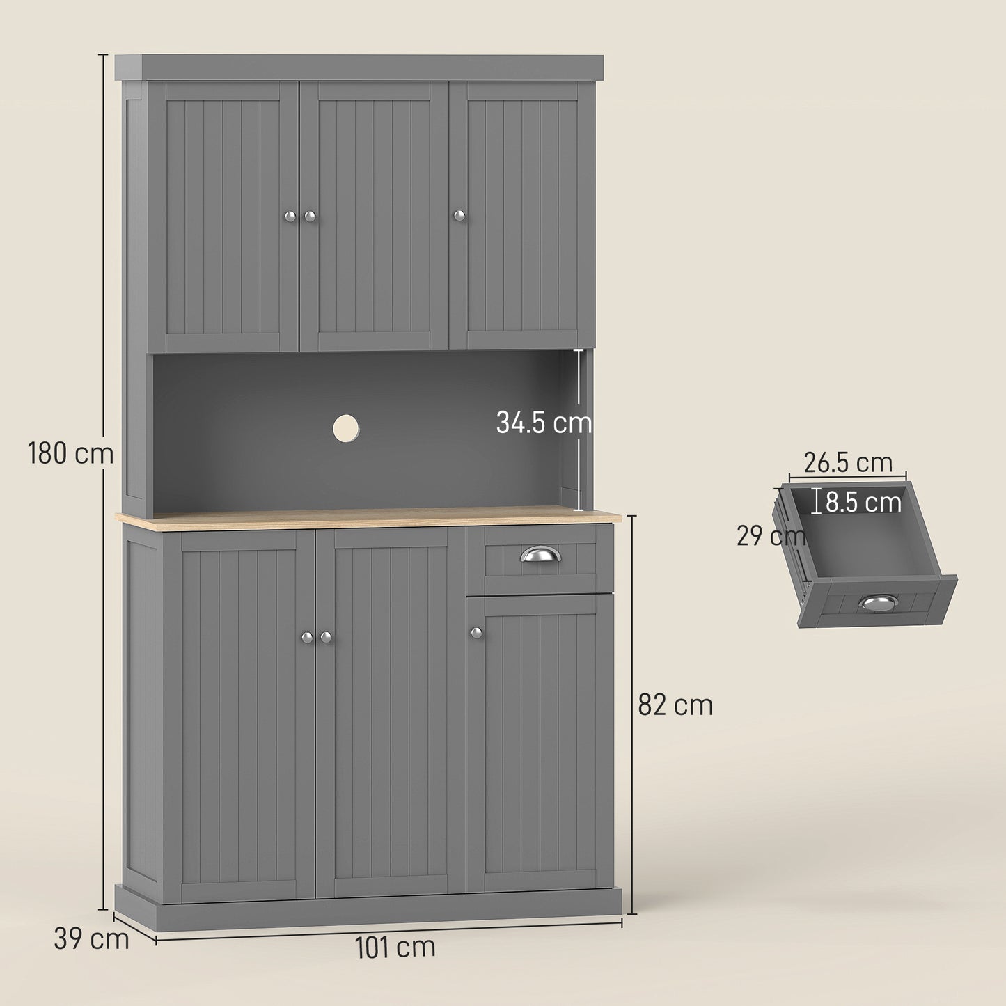 180cm Freestanding Kitchen Cabinet, Modern Storage Cupboard with Open Countertop, Drawer and 6 Doors, Grey