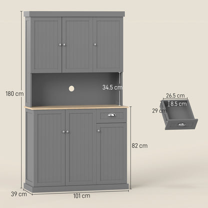 180cm Freestanding Kitchen Cabinet, Modern Storage Cupboard with Open Countertop, Drawer and 6 Doors, Grey