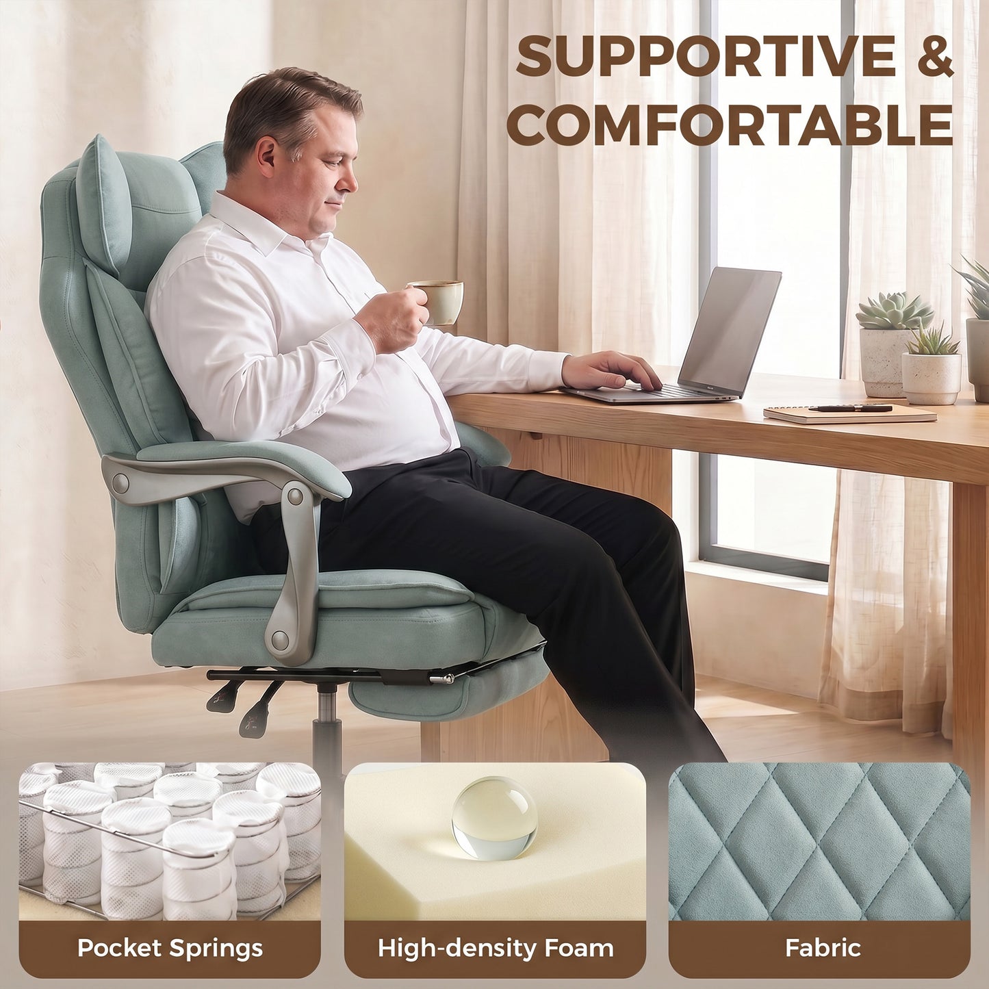 Executive Office Chair, Leathaire Big and Tall Office Chair 180 kg with Wide Seat, Reclining, Lumbar Support, Blue