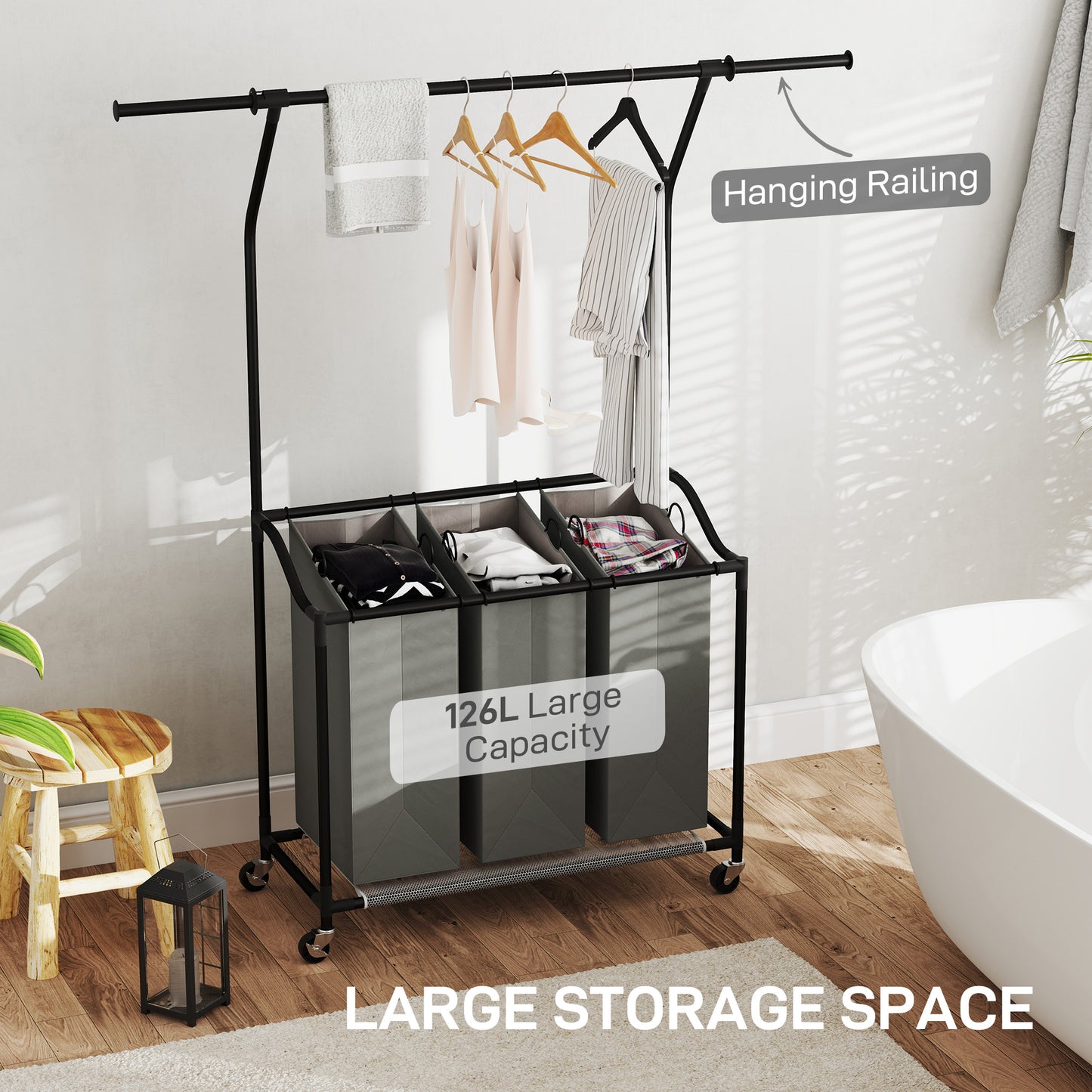 3x 42L Laundry Basket Unit, with Hanging Rail - Black/Grey