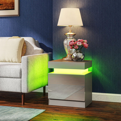 Grey Bedside Table with LED Light, High Gloss Front Nightstand with 2 Drawers, for Living Room, Bedroom