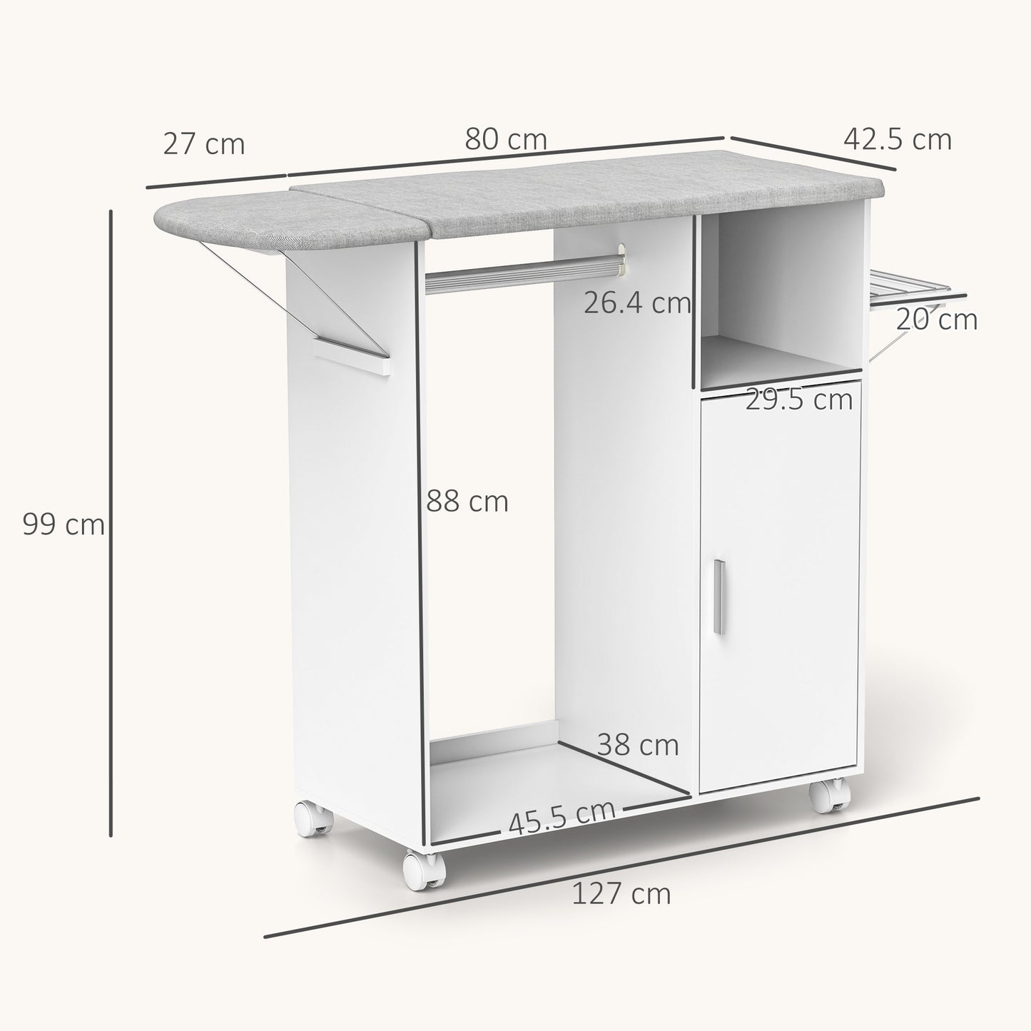 Rolling Ironing Board Cabinet, Foldable Ironing Station with Storage, Wheels for Home, Laundry Room, White