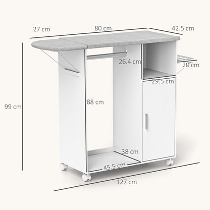 Rolling Ironing Board Cabinet, Foldable Ironing Station with Storage, Wheels for Home, Laundry Room, White