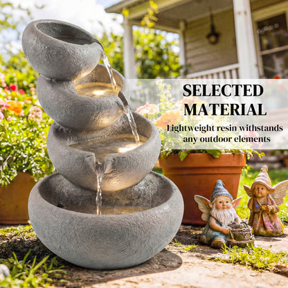 4-Tier Water Fountain Outdoor, Garden Water Feature with LED Lights and Pump, Freestanding Resin Waterfall for Patio