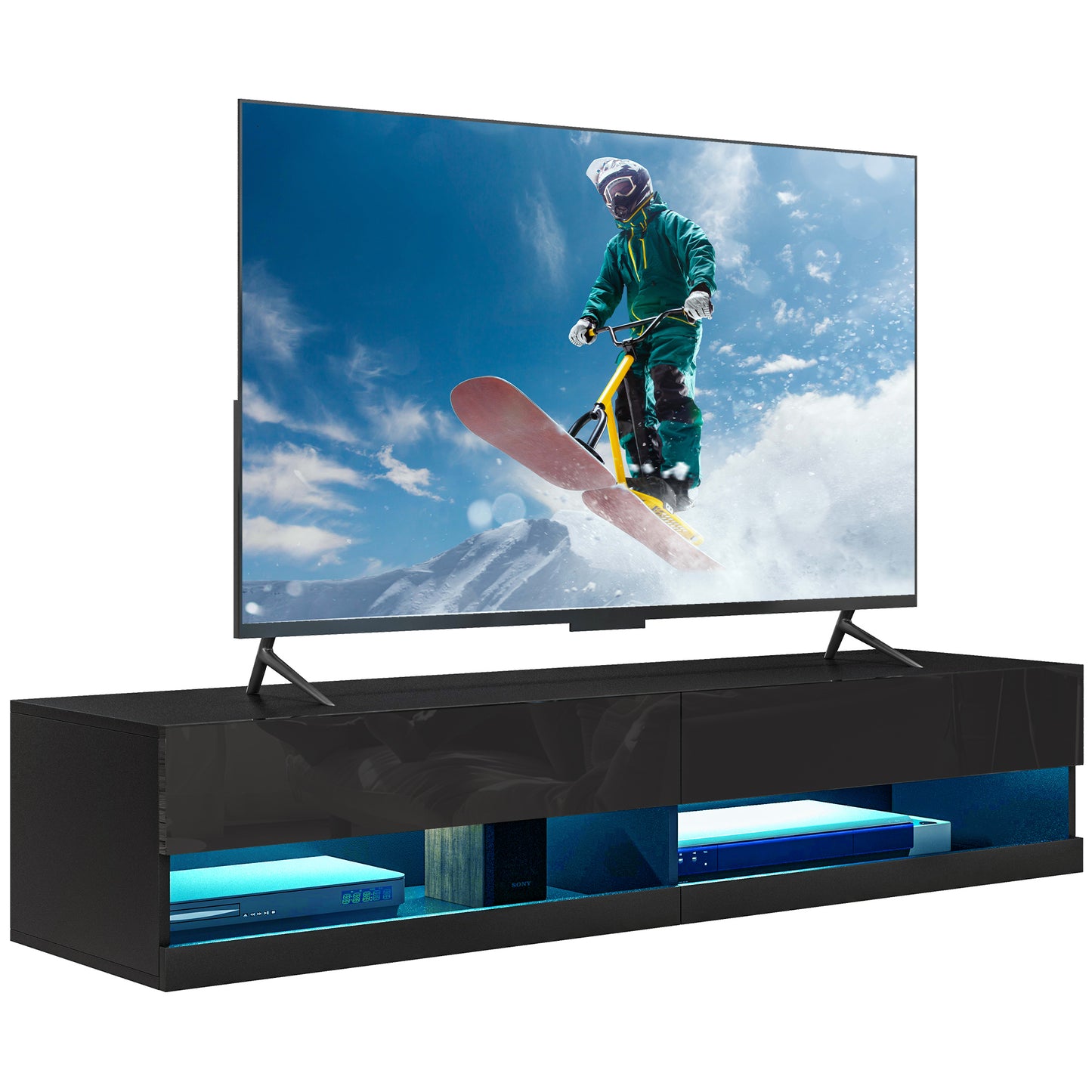 Floating TV Unit, Wall Mounted TV Cabinet for TVs up to 65", High Gloss Media Wall Unit with LED Lights, Storage Shelves