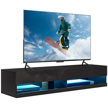 Floating TV Unit, Wall Mounted TV Cabinet for TVs up to 65", High Gloss Media Wall Unit with LED Lights, Storage Shelves