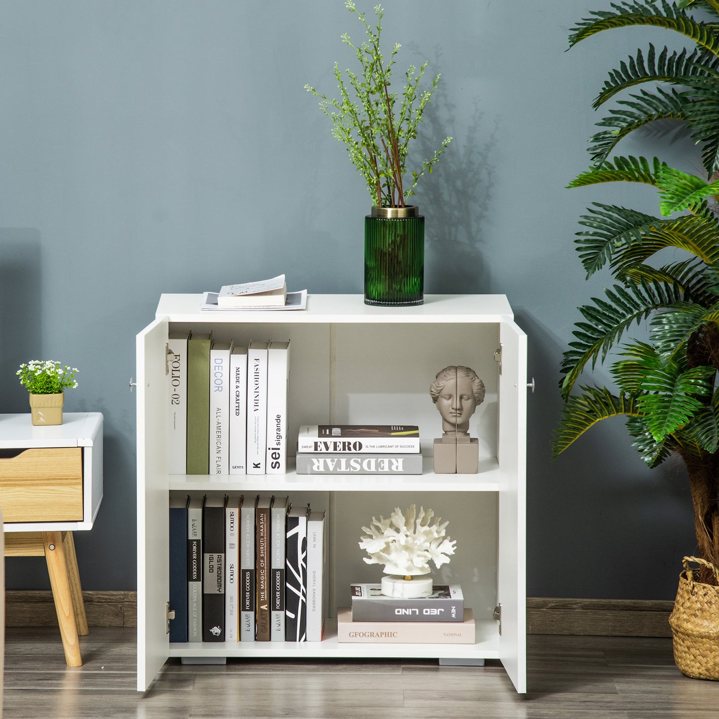 2 Tier Bookcase, Wooden Storage Cabinet with 2 Doors, Freestanding Sideboard for Living Room, Home Office and Study, White