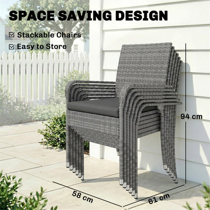7 Piece Rattan Garden Furniture Set, 6 Seater Garden Table and 6 Stackable Chairs with Extendable Acacia Wood Tabletop