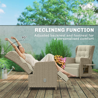 Rattan Garden Recliner Chair, Reclining Garden Chair with Adjustable Back and Footrest, Flip Table, Cushion, Brown