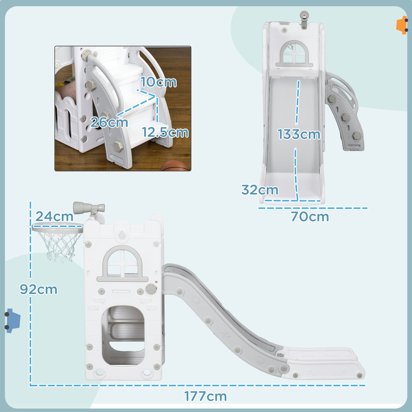 5 in 1 Toddler Slide with Basketball Hoop, Climber, Telescope, Storage Basket, for Ages 1-3 Years, Grey
