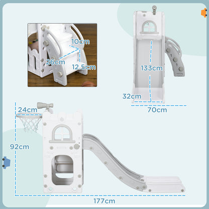 5 in 1 Toddler Slide with Basketball Hoop, Climber, Telescope, Storage Basket, for Ages 1-3 Years, Grey