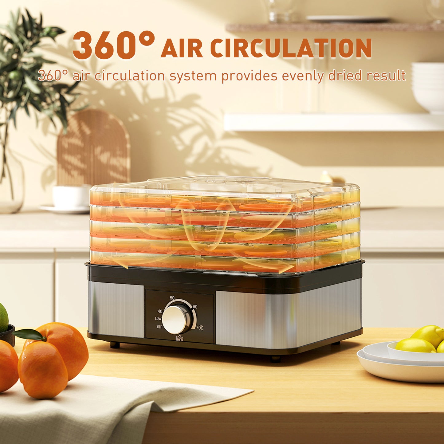 5 Tier Food Dehydrator, 245W Stainless Steel Food Dryer Machine with Adjustable Temperature for Drying Fruit, Meat
