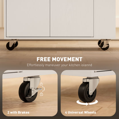 Rolling Kitchen Island with 3-Tier Spice Rack, Kitchen Storage Cart with Drawer and Towel Rack, White