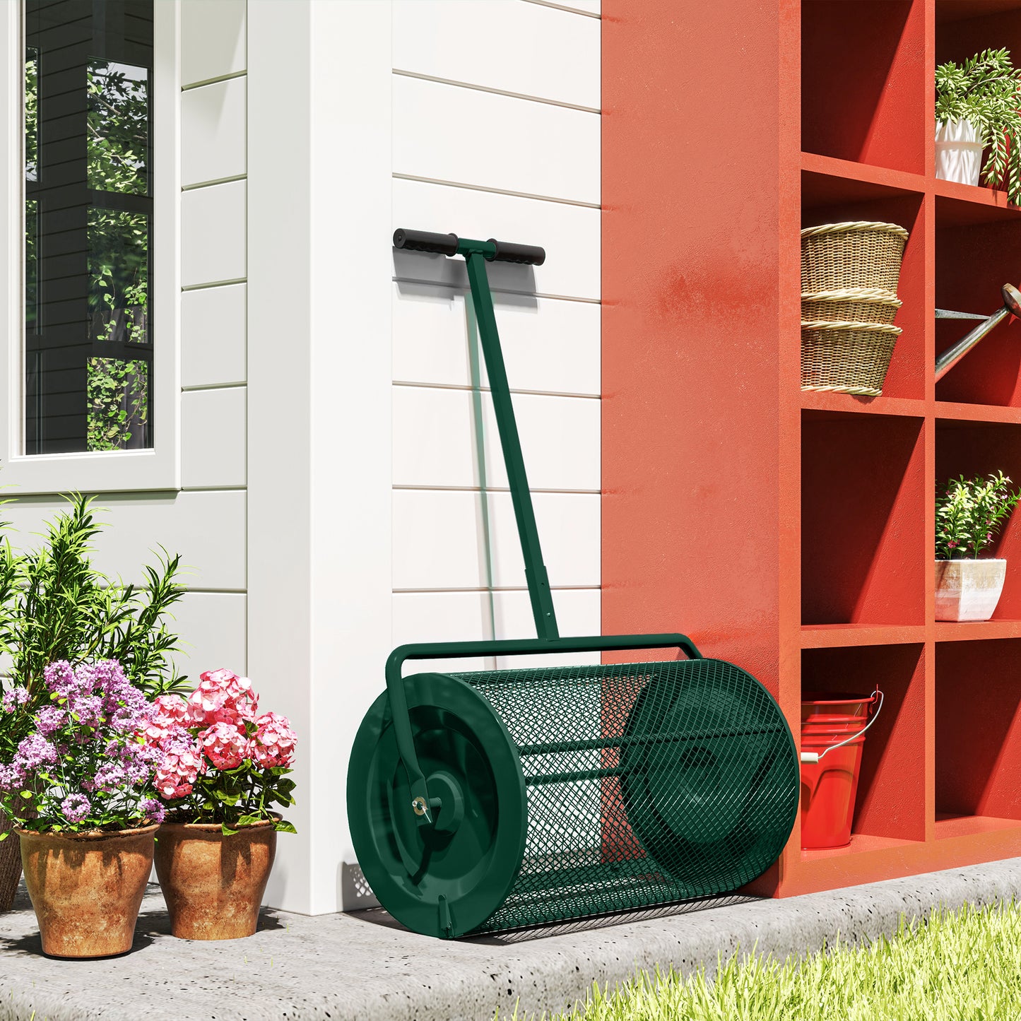 Compost Spreader, 24" Peat Moss Spreader with Height Adjustable T Shaped Handle and Metal Mesh Basket