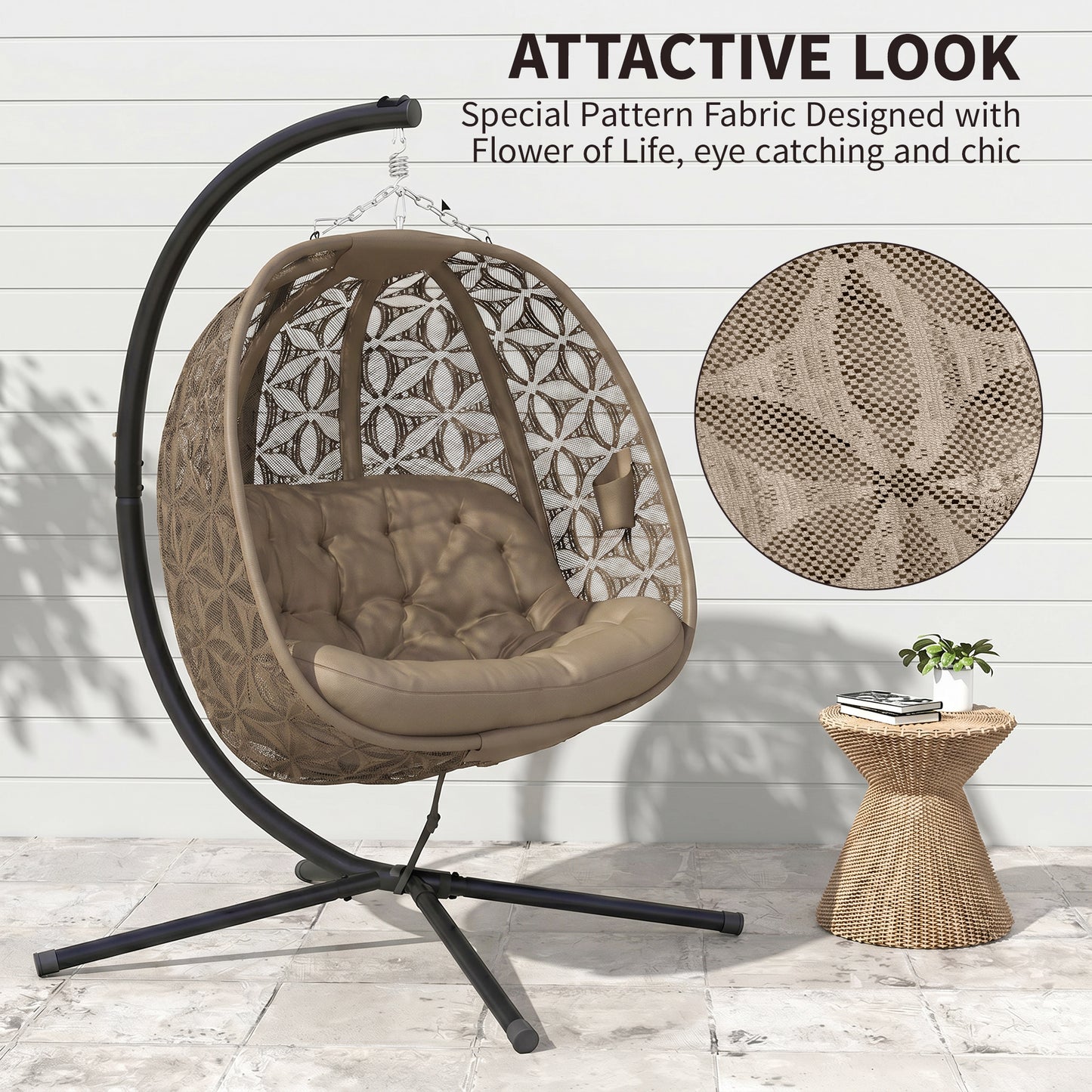 Outdoor Double Hanging Chair with Cushion and Cup Holders, Sand Brown