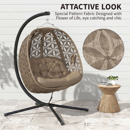 Outdoor Double Hanging Chair with Cushion and Cup Holders, Sand Brown