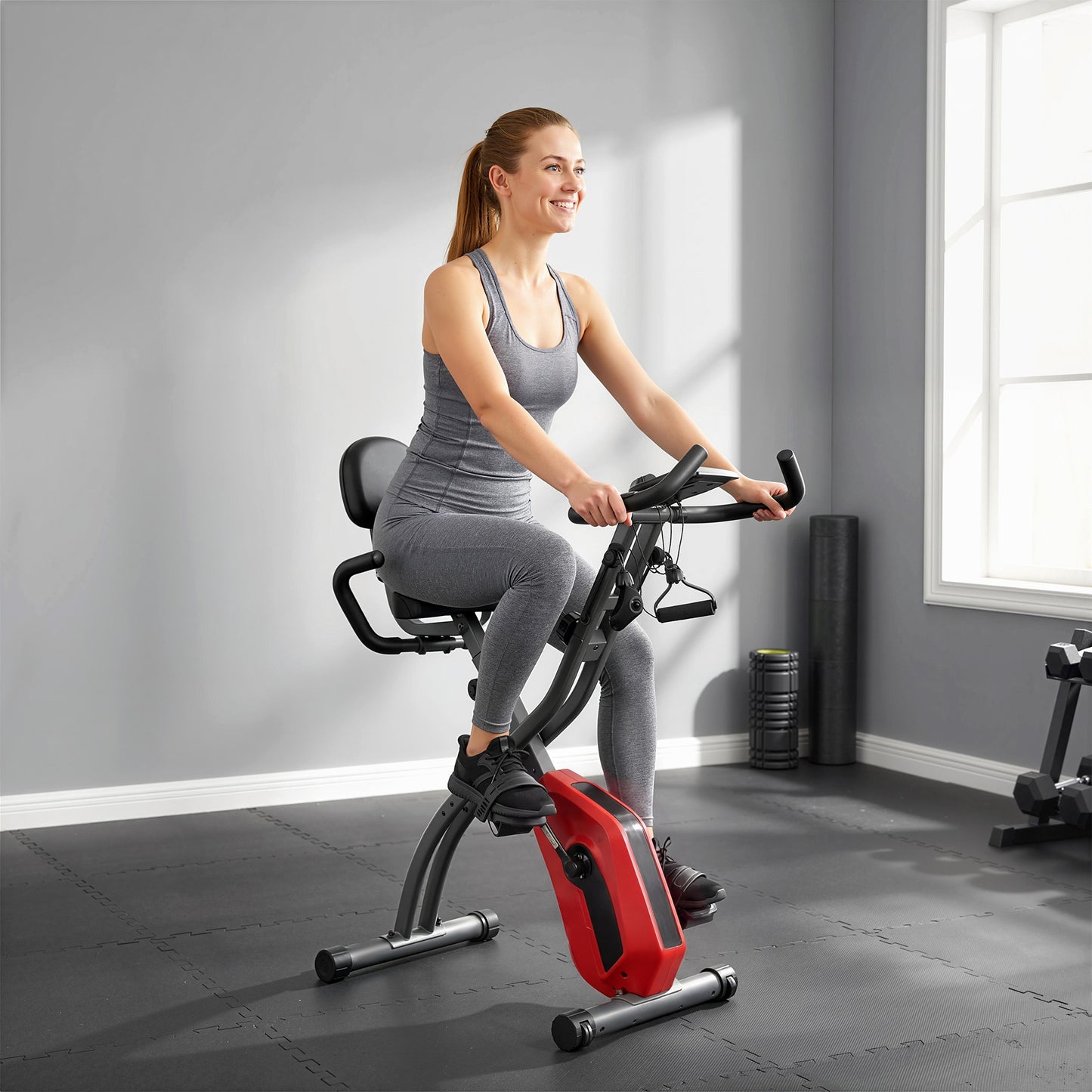 4-In-1 Folding Exercise Bike with Resistance Bands, Bluetooth App, 8-Level Magnetic Resistance, LCD Display, Red