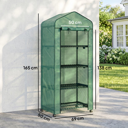 4 Tier Mini Portable Greenhouse Compact Plant Grow Shed Metal Frame PE Cover with Lockable Rolling Wheels , Green