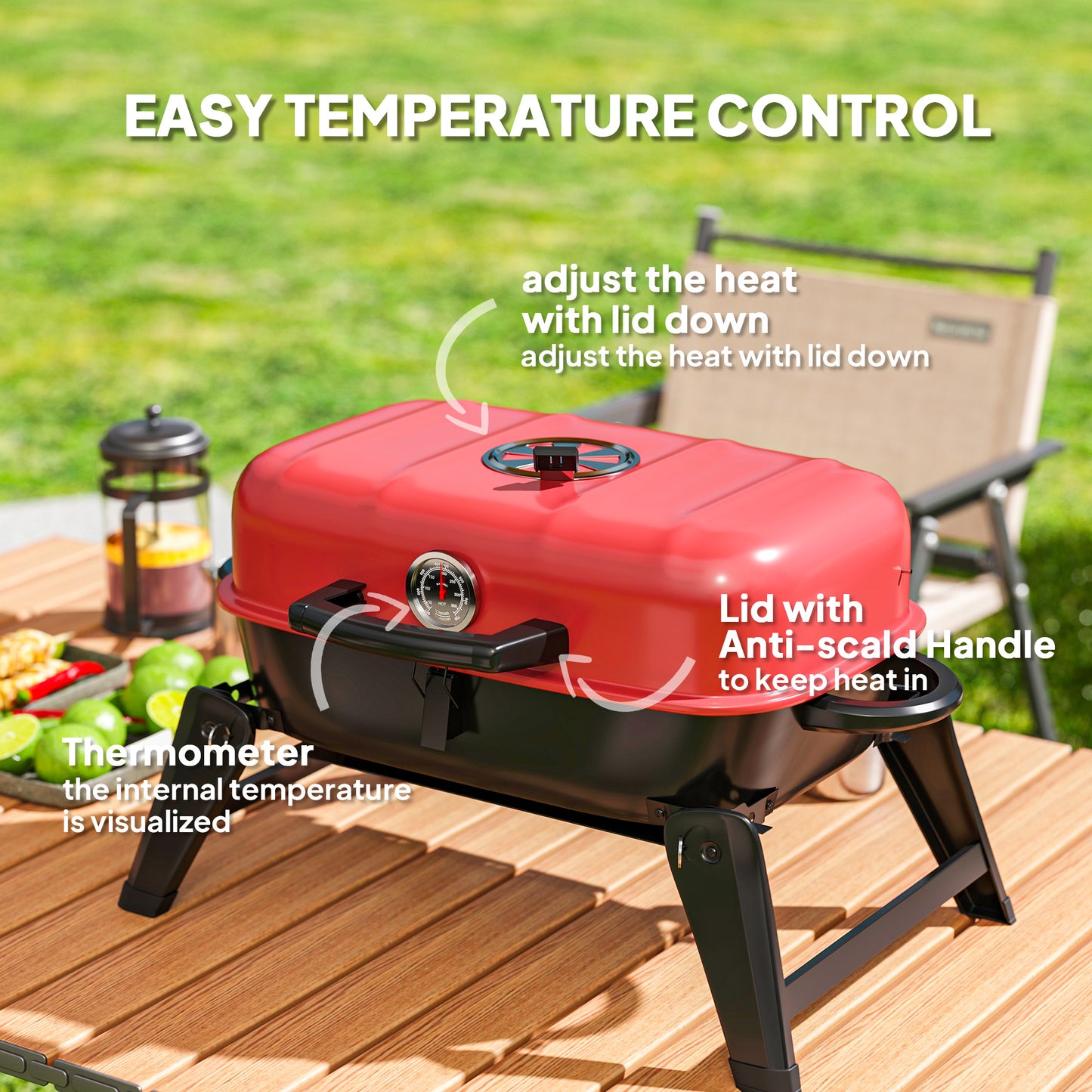 Charcoal Barbecue Grill Folding Portable BBQ Grill for Camping with 1232 cm² Cooking Area, Adjustable Vent, Thermometer