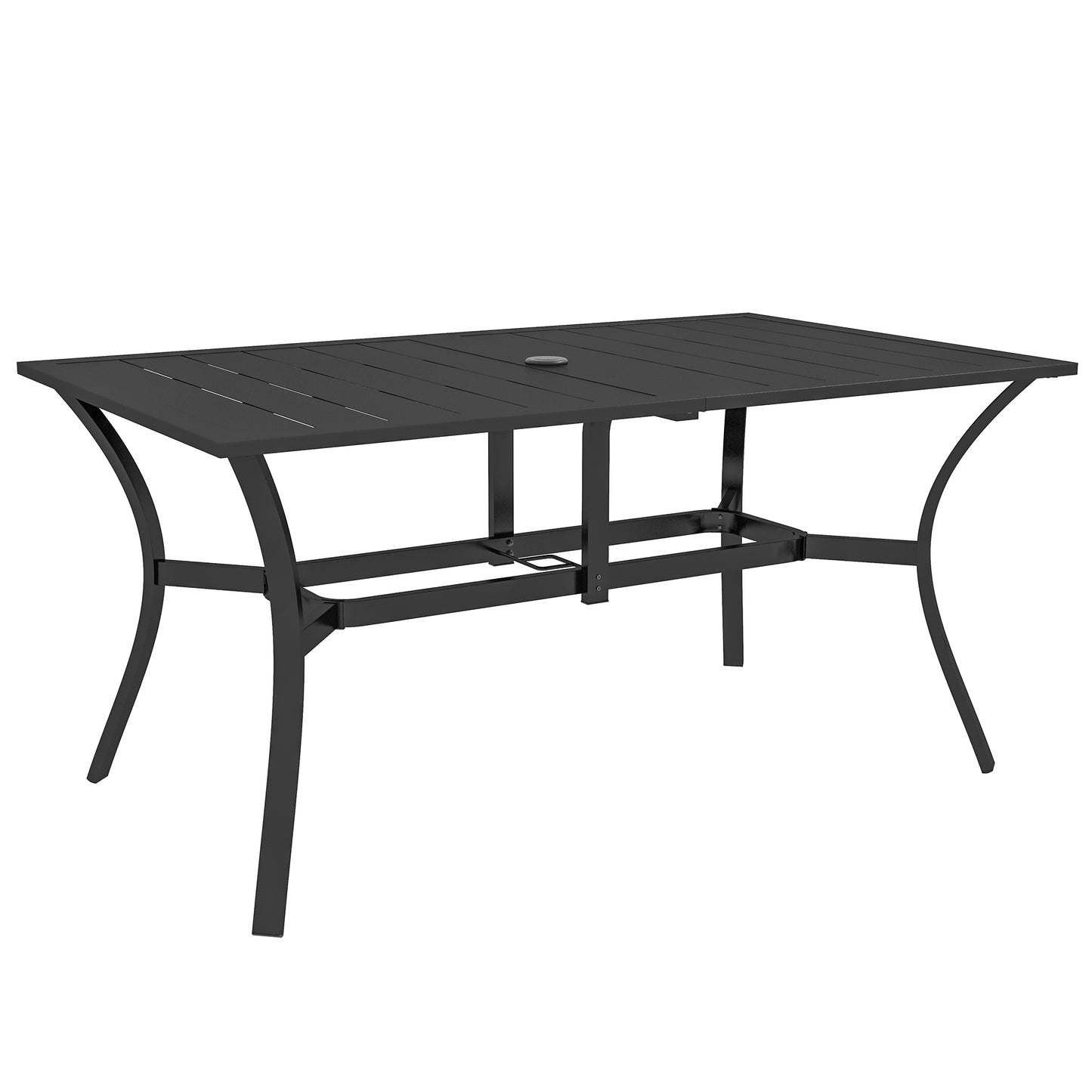 Garden Dining Table with Parasol Hole, Patio Table with Steel Frame and Slat Tabletop, Black