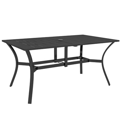 Garden Dining Table with Parasol Hole, Patio Table with Steel Frame and Slat Tabletop, Black