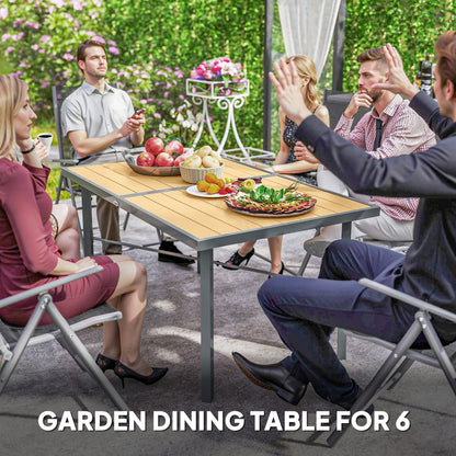 Garden Table for 6, 150 cm Rectangular Outdoor Dining Table with 5 cm Umbrella Hole, Wood Effect Top, Rust Resistant Frame