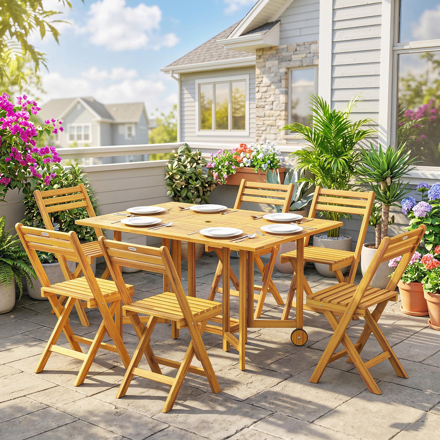 7 Pieces Garden Dining Set, Extending Dining Table and 6 Folding Chairs with Umbrella Hole for Patio, Natural Wood