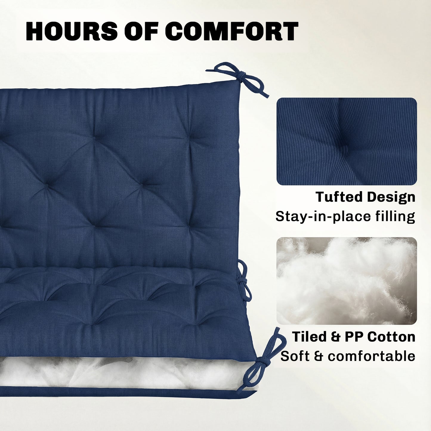 3 Seater Bench Cushion, Garden Chair Cushion with Back and Ties for Indoor and Outdoor Use, 98 x 150 cm, Dark Blue