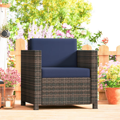 PE Rattan Garden Armchair with Cushion - Mixed Brown/Navy Blue