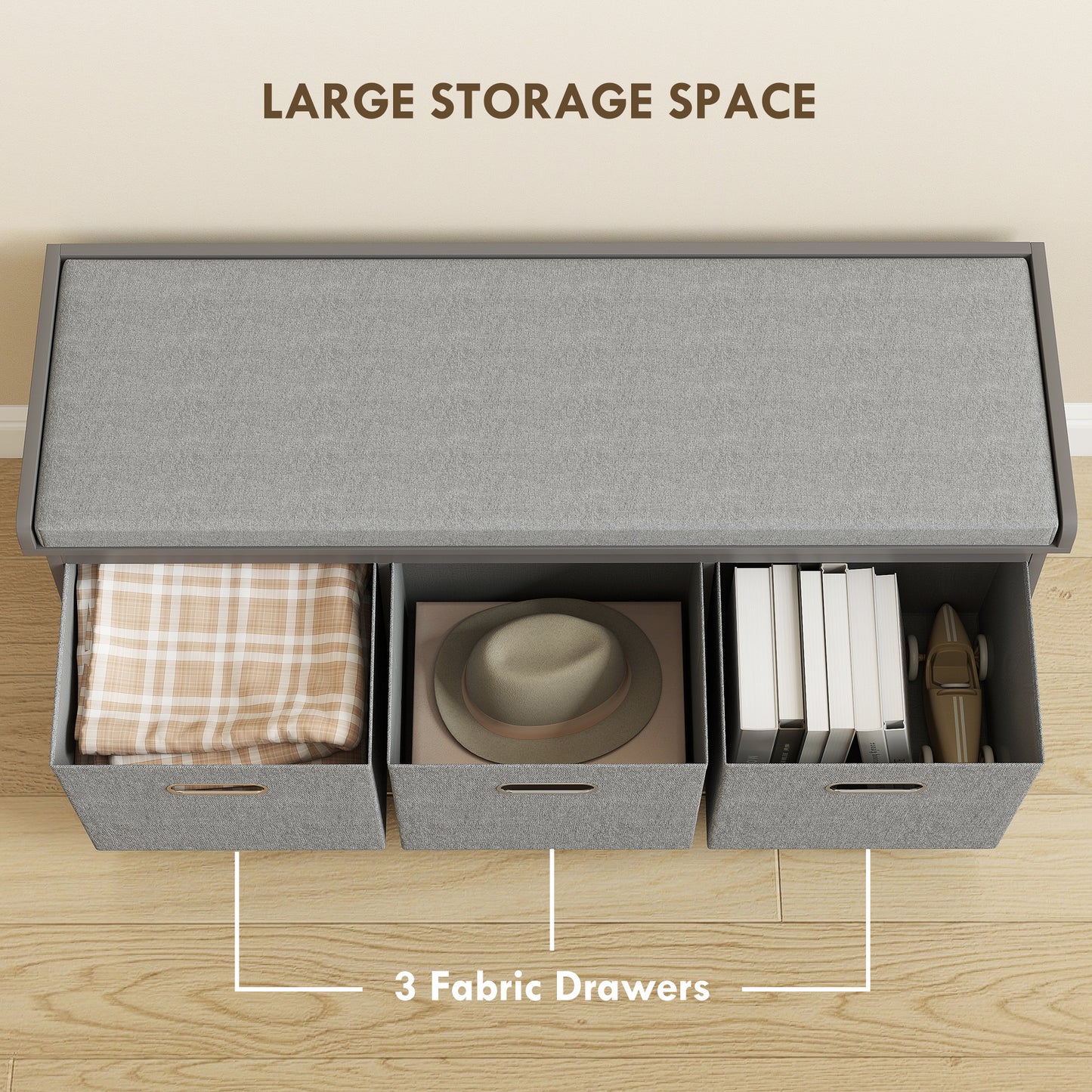 Three-Drawer Shoe Storage Bench, with Padded Top Seat - Grey
