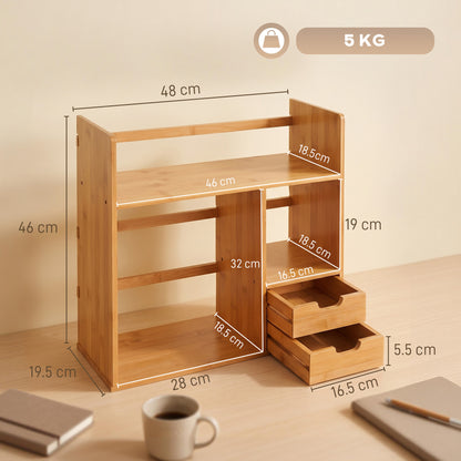 Desk Organiser Compartments Desktop Bookshelf Stationery Storage Shelf Document File Holder with 2 Drawers 2-way Reversed Use