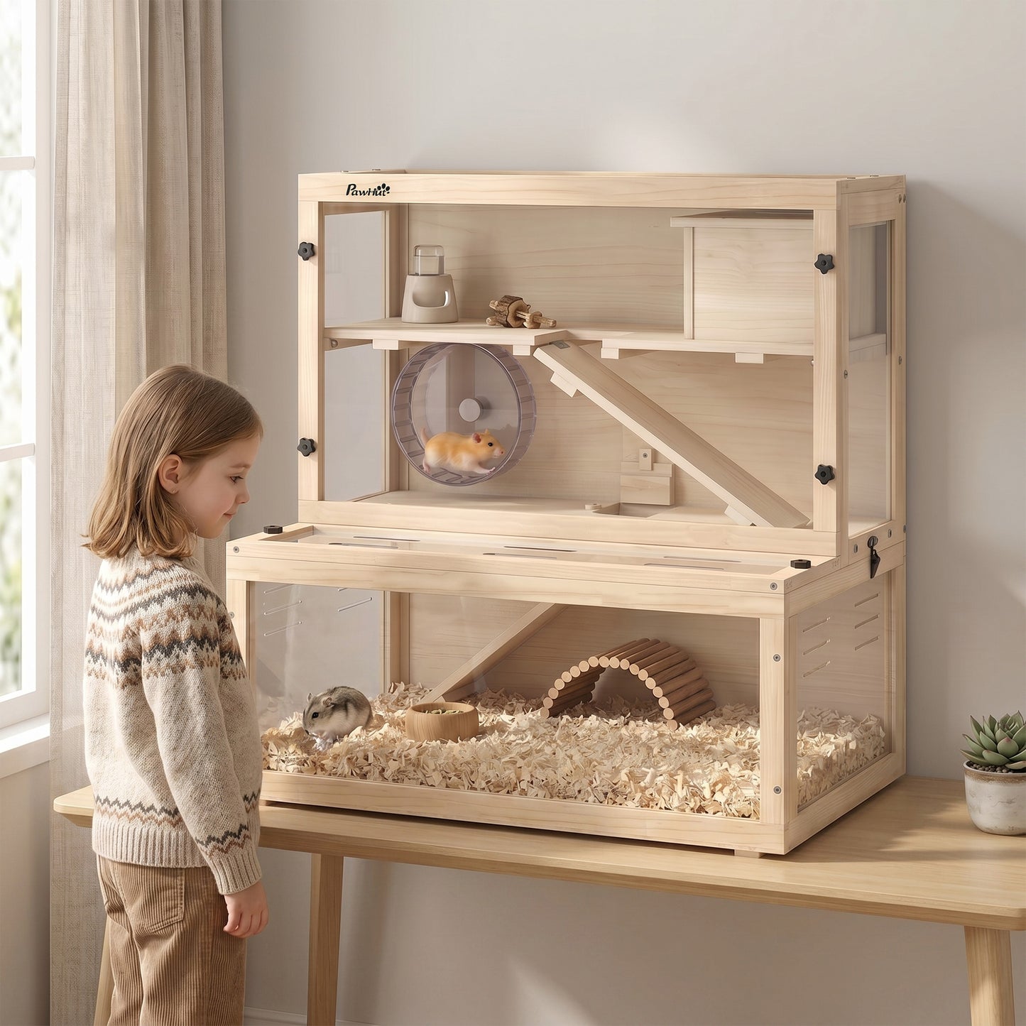 Wooden Hamster Cage with Hut, Wheel, Ramps, Removable Viewing Panels, 80 x 50 x 84 cm, Natural