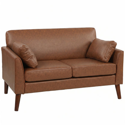 2 Seater Sofa, 132 cm Modern Small Sofa with Solid Wood Legs and 2 Pillows for Small Space, Brown