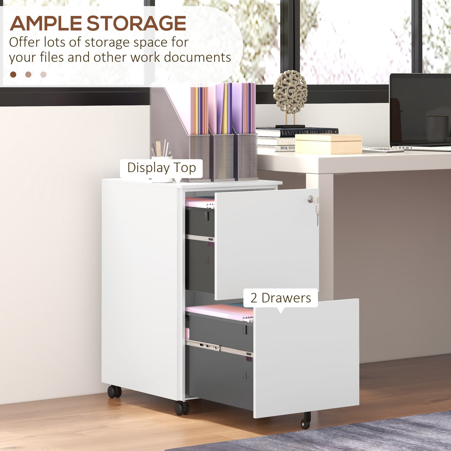 2-Drawer Filing Cabinet with Lock and 5 Wheels, Steel Mobile File Cabinet, for A4, Legal and Letter Size, Pre-Assembled Body