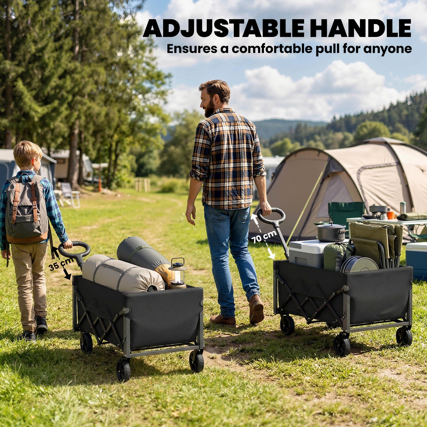 60L Foldable Festival Trolley on Wheels, Collapsible Wagon Cart with Drop-Down Tailgate, Adjustable Handle, Black