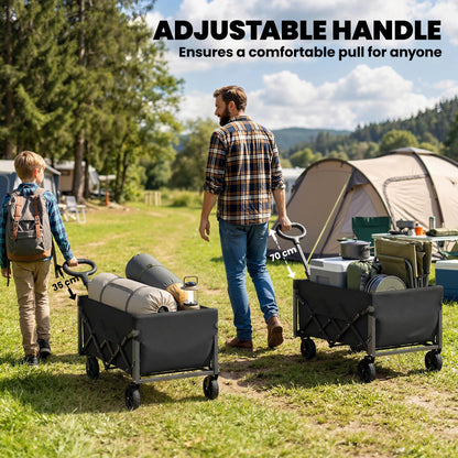 60L Foldable Festival Trolley on Wheels, Collapsible Wagon Cart with Drop-Down Tailgate, Adjustable Handle, Black