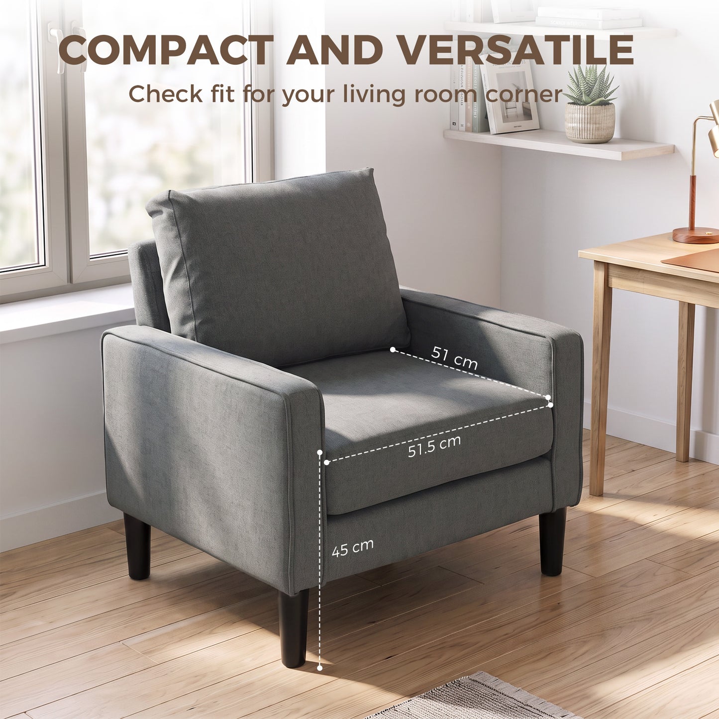 Accent Chair, Removable Pillow Linen Armchair with Comfy Spring Cushion for Living Room, Bedroom, Study, Dark Grey