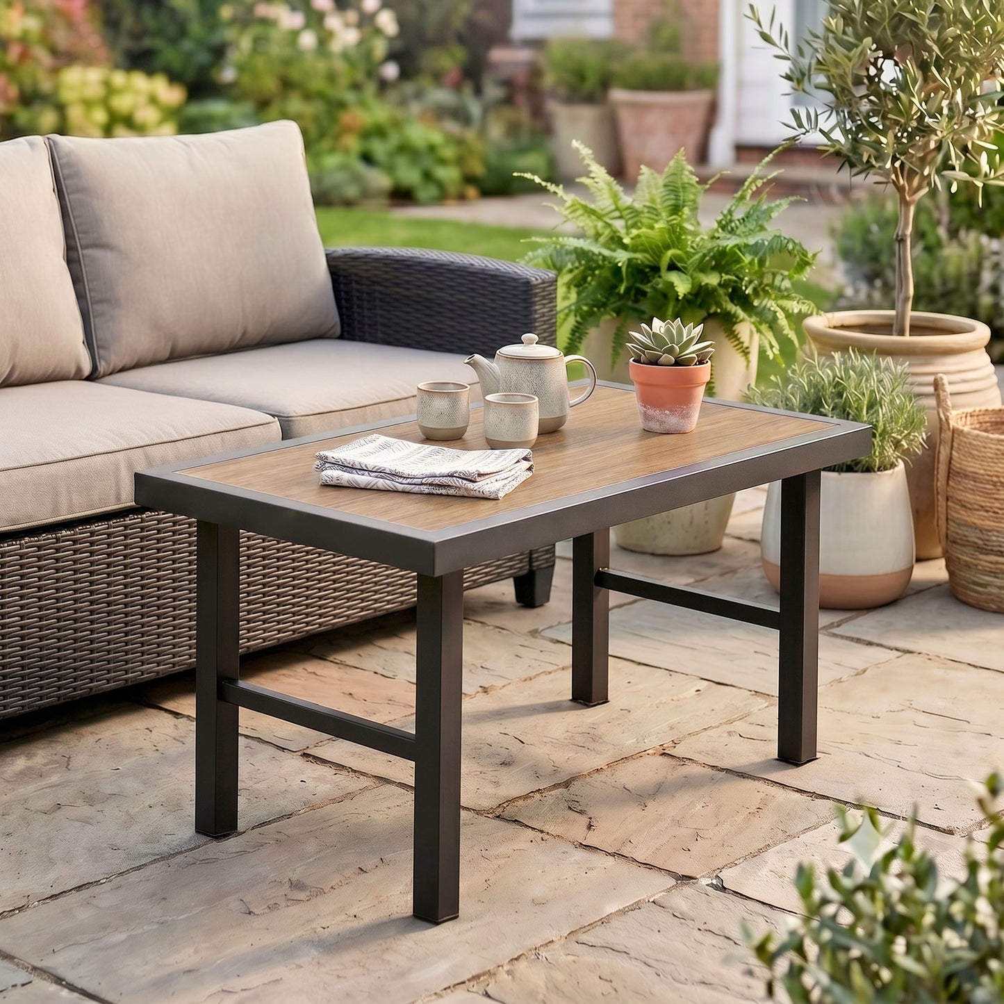 Metal Garden Coffee Table, Outdoor Side Table with SPC Woodgrain Tabletop for Outside, Garden, Balcony, Porch