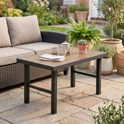 Metal Garden Coffee Table, Outdoor Side Table with SPC Woodgrain Tabletop for Outside, Garden, Balcony, Porch