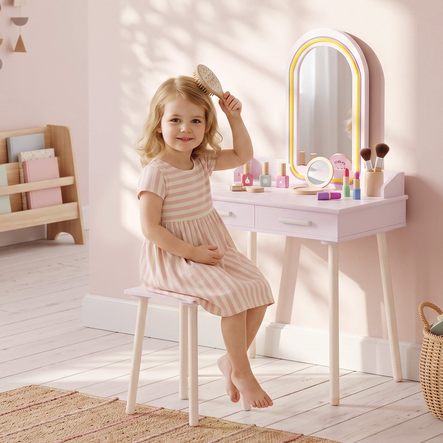 Kids Dressing Table, Girls Vanity Set with Stool, 3-Colour LED Lights Mirror, Large Drawer for Ages 3-8, Pink