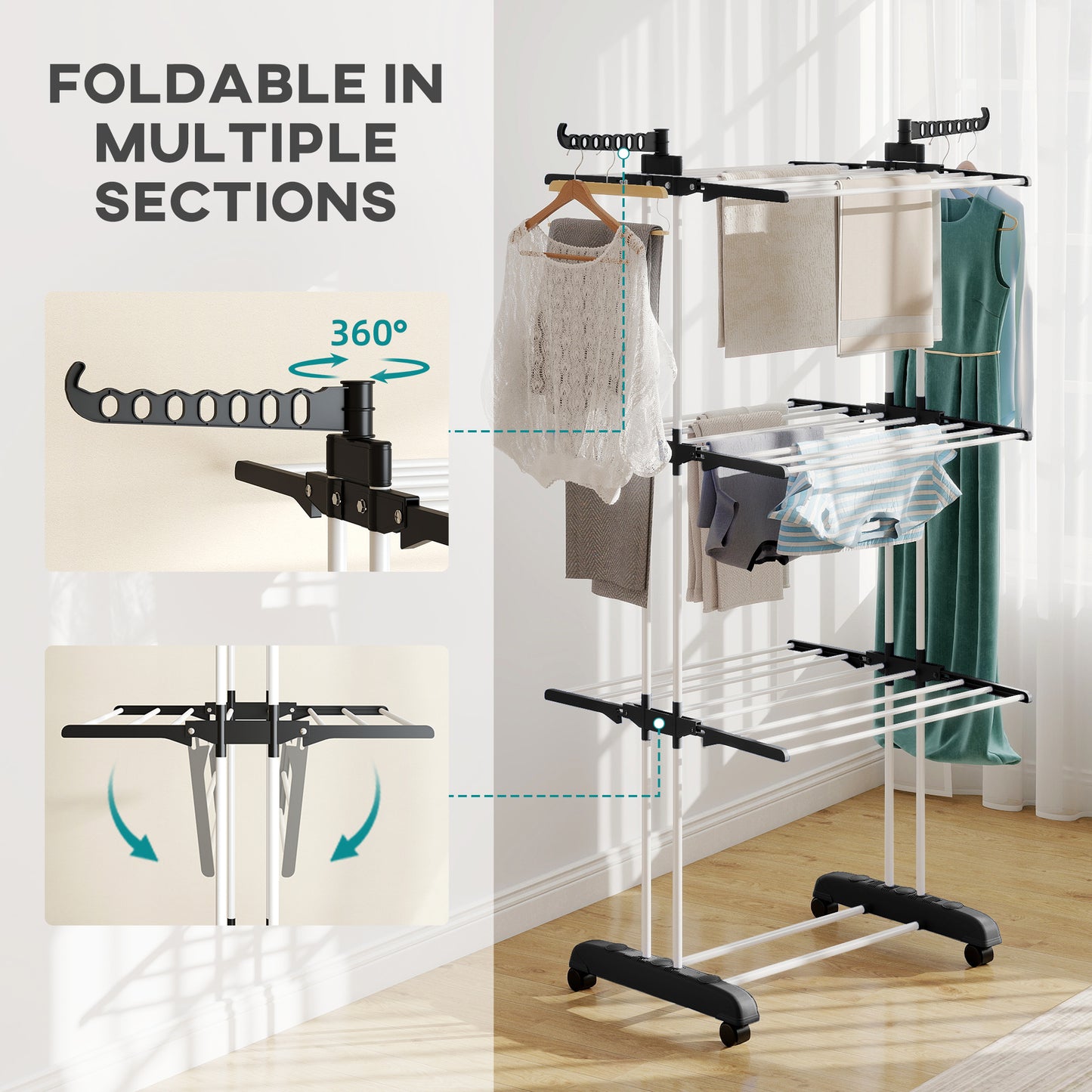 Foldable Clothes Drying Rack, 4-Tier Steel Garment Laundry Rack with Castors for Indoor and Outdoor Use, Black
