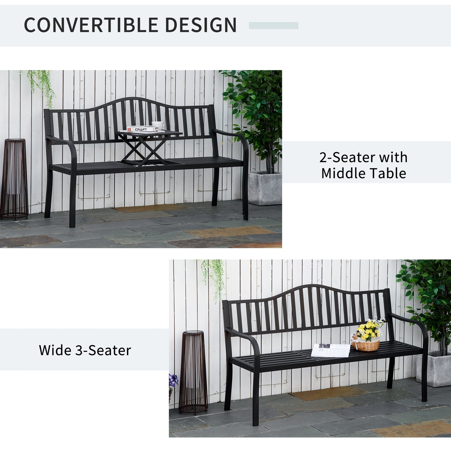 Metal Outdoor Bench with Liftable Middle Table, Patio Loveseat, Garden Bench for Garden, Porch, Seats 2–3 People, Black