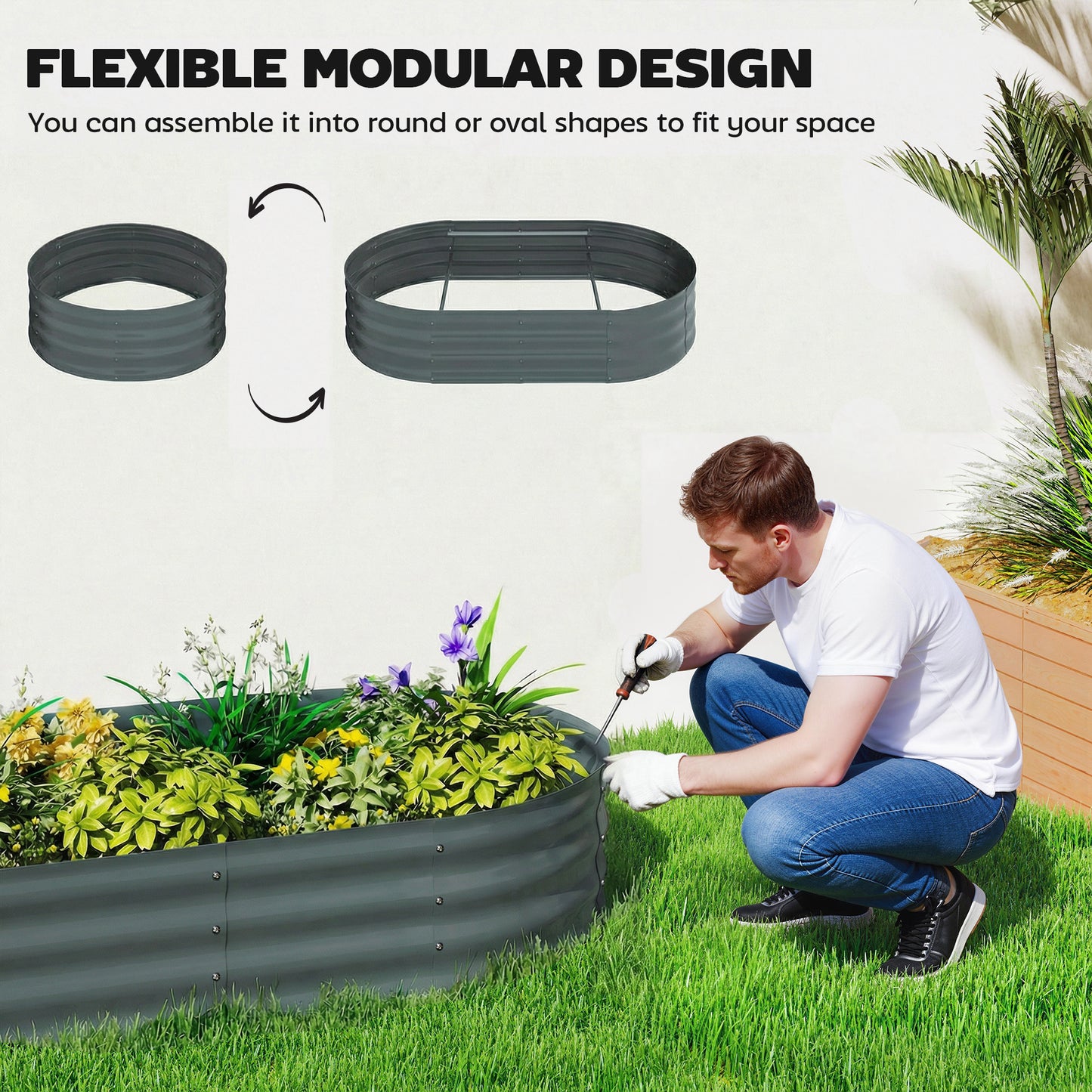 Galvanised Raised Garden Bed with Arched Trellis, 4 x 2 x 4.6ft Metal Raised Bed for Garden with Open Bottom, Dark Grey