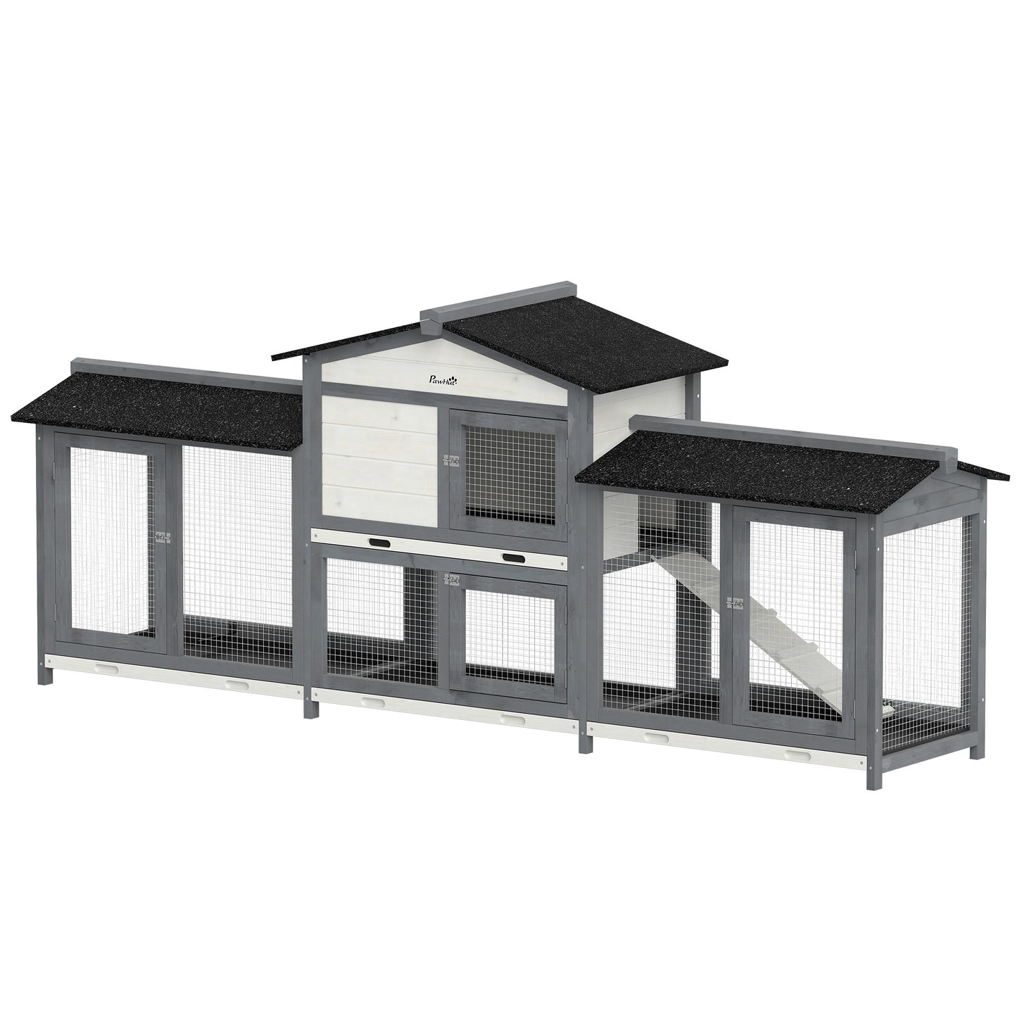 2-Tier Large Rabbit Hutch Outdoor with Double Side Run Boxes, No-leak Plastic Tray, Ramp, 230 x 53 x 93.5cm, Light Grey