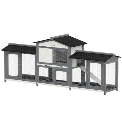 2-Tier Large Rabbit Hutch Outdoor with Double Side Run Boxes, No-leak Plastic Tray, Ramp, 230 x 53 x 93.5cm, Light Grey