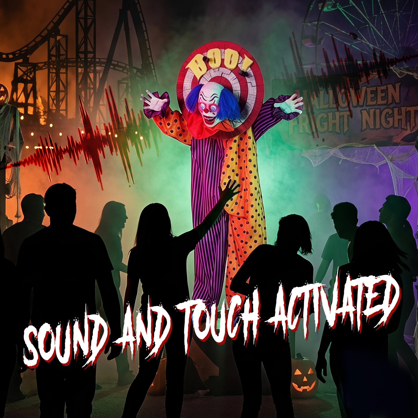 167 cm Life Size Animated Clown Halloween Decoration, Scary Halloween Animatronics Decor with Sound Touch Activated
