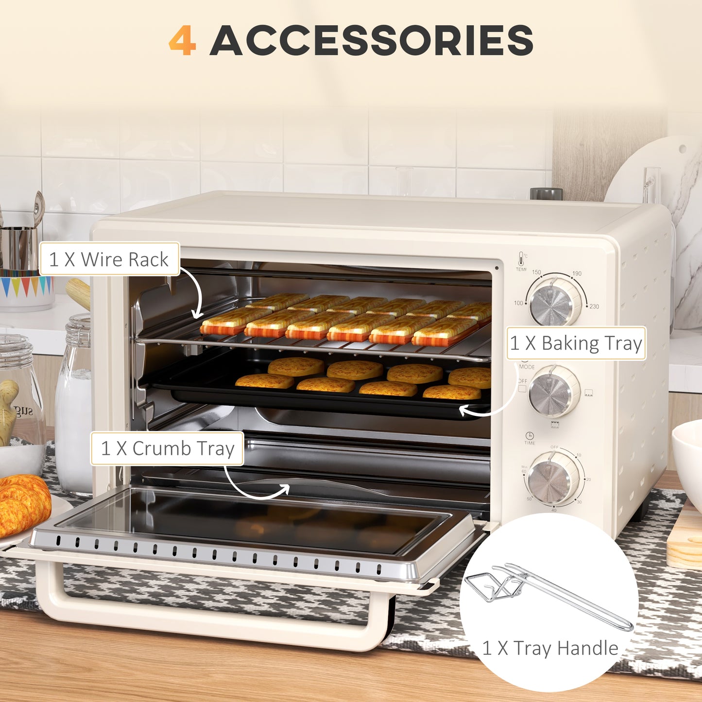 21L Mini Countertop Oven, 100°C-230°C Adjustable Temp - Cream White
