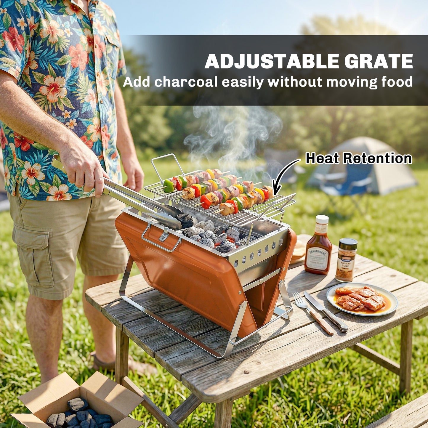 Charcoal BBQ Grill Portable Stainless Steel Barbecue with Tilting Grate for Camping Picnic Garden Orange